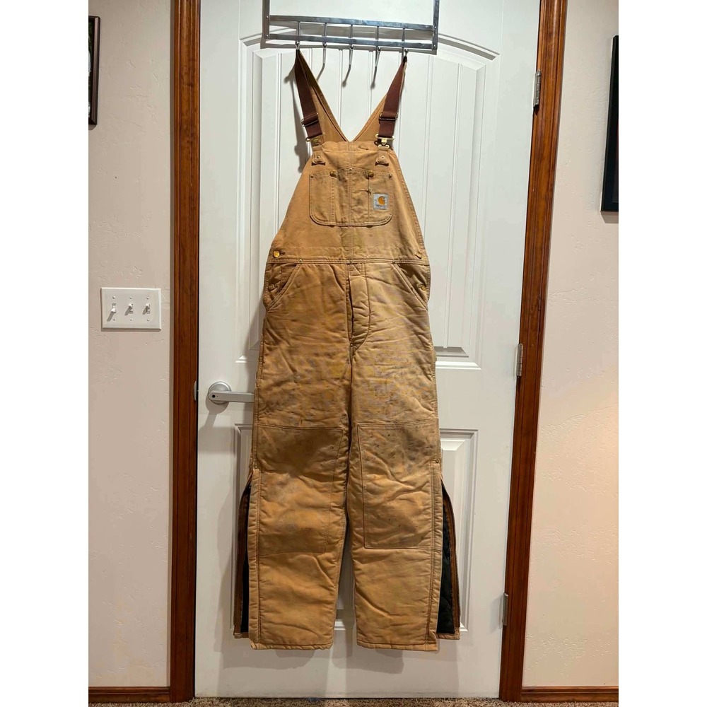 Carhartt Vintage Duck Canvas Quilt Lined Bib Overalls Brown‎ BQ186 32x32
